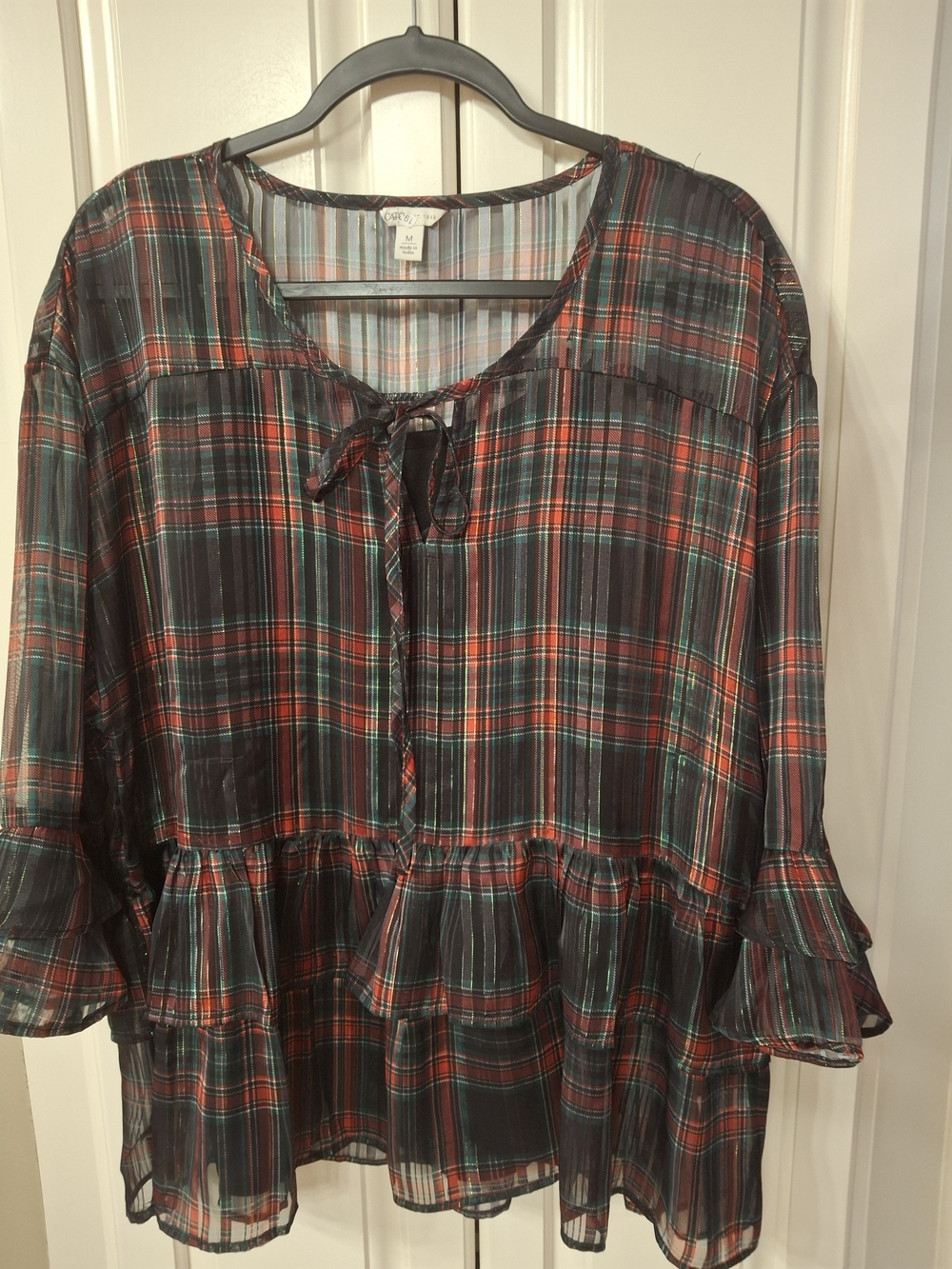 Cato Black Red Green Plaid Tie-Front Peplum Tunic